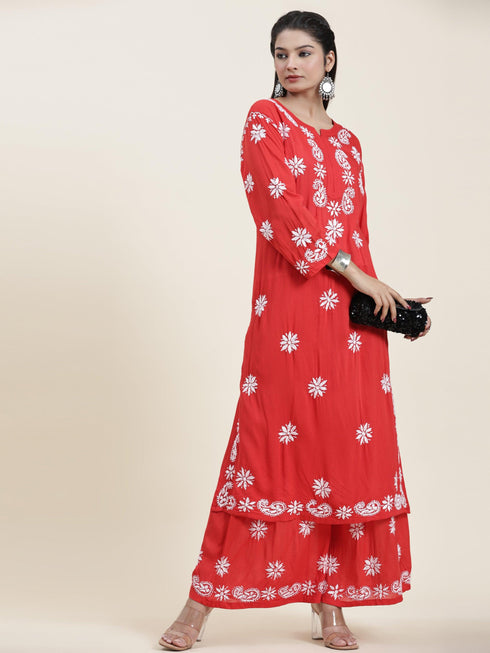 Samma Chikankari CO-ORD Set In Modal Cotton for Women In RED